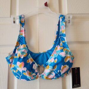 Blue Floral Print Bikini Top with Metal Heart Hardware Size S 3-5